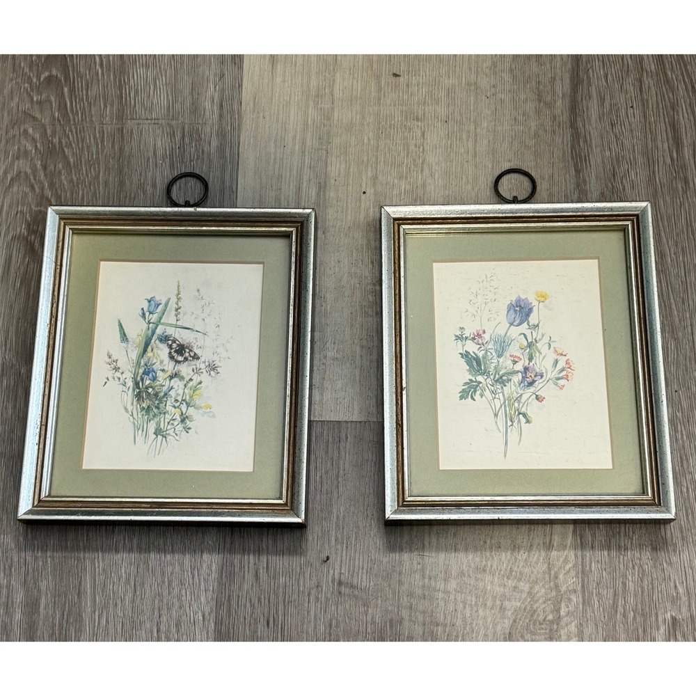 Vintage Botanical Wildflower Art Prints Set of 2 Silver Framed Floral Butterfly